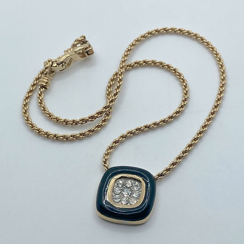 𝅺vtg Nina Ricci Black Enamel Rhinestone Square Pendant Gold Tone Necklace 17” - Picture 3 of 8